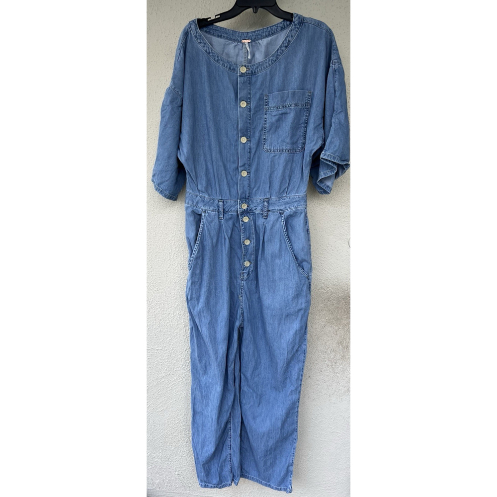 Free People Chambray Denim Jumpsuit Button Front Utility Wide Leg Boho Western